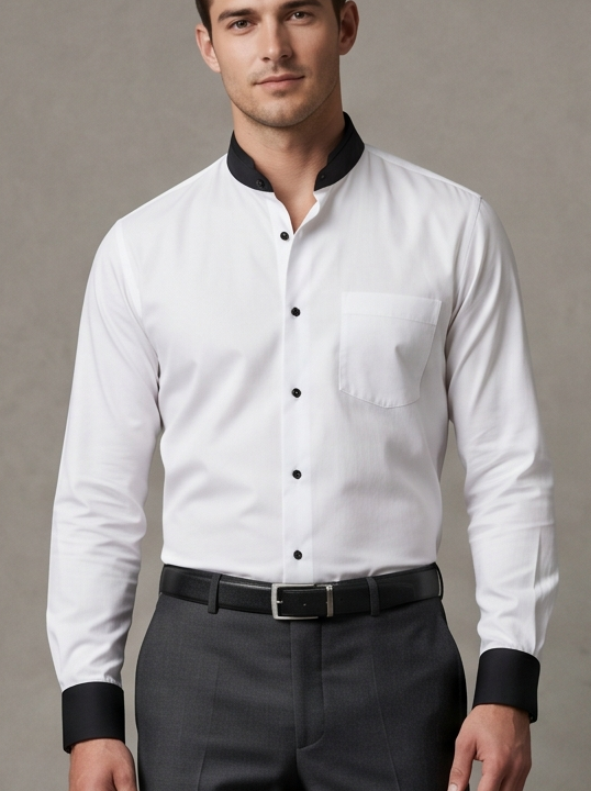 Premium White 70s Giza Cotton Mandarin Collar Shirt with Black Buttons & Contrast Cuffs