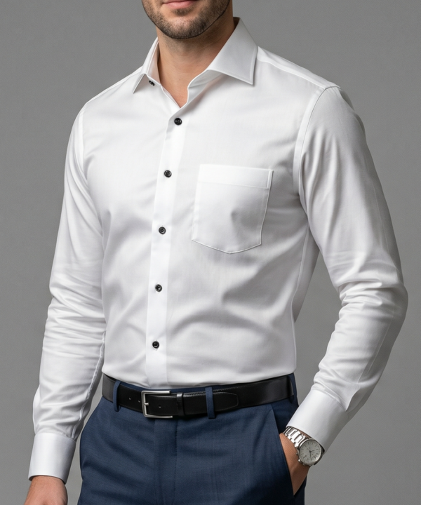 Premium White Giza Cotton Shirt with Black Buttons – Luxury Formal Shirt for Men