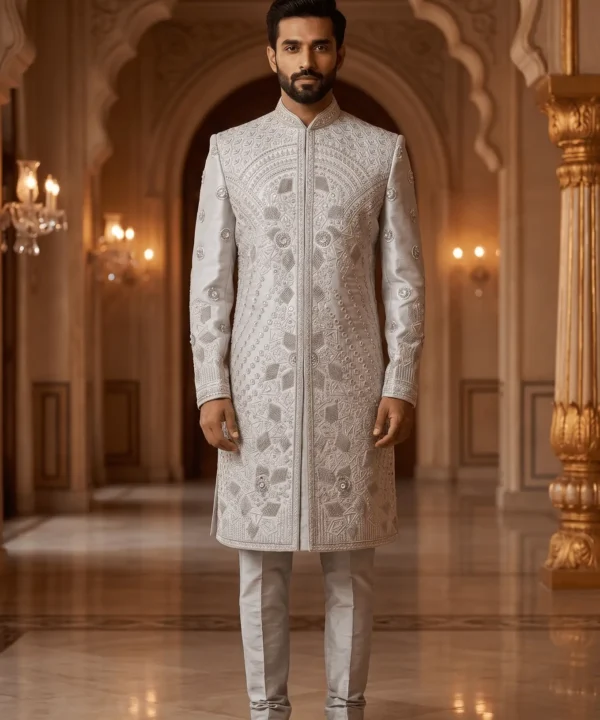 Imperial Pearl White Designer Sherwani for Men – Luxury Embroidered Groom Wedding Wear