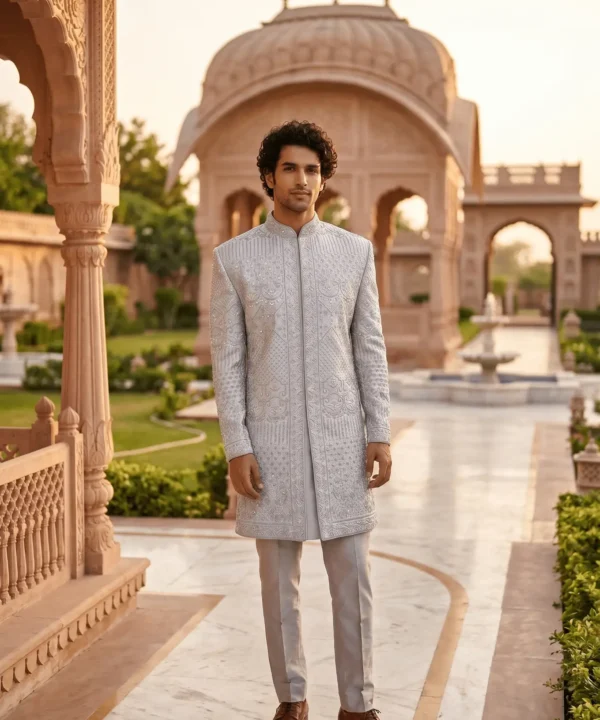 Regal Ice White Designer Sherwani for Men – Luxury Embroidered Wedding Collection