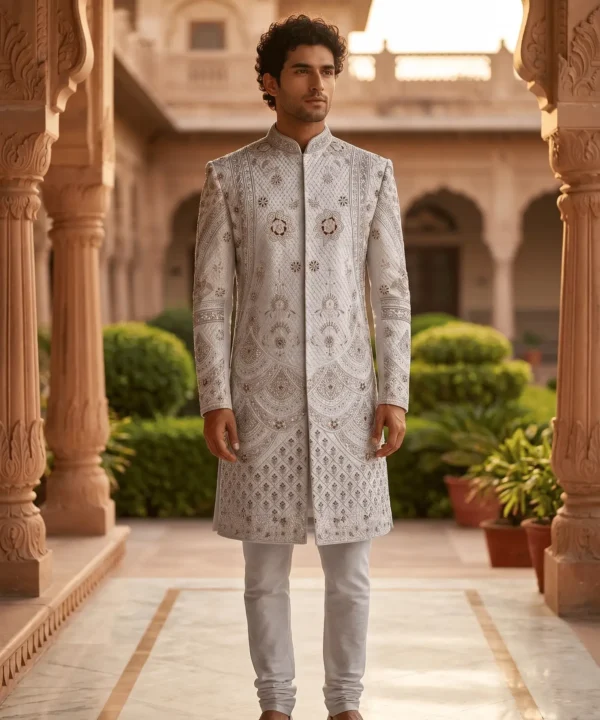 Royal Ivory Floral Embroidered Sherwani for Men – Premium Wedding & Groom Collection