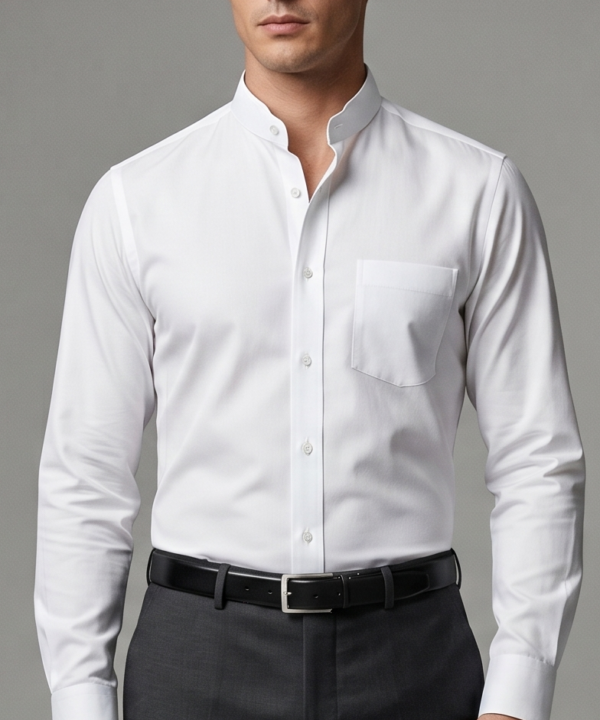 Premium White 70s Giza Cotton Mandarin Collar Shirt for Men – Luxury Formal Wear